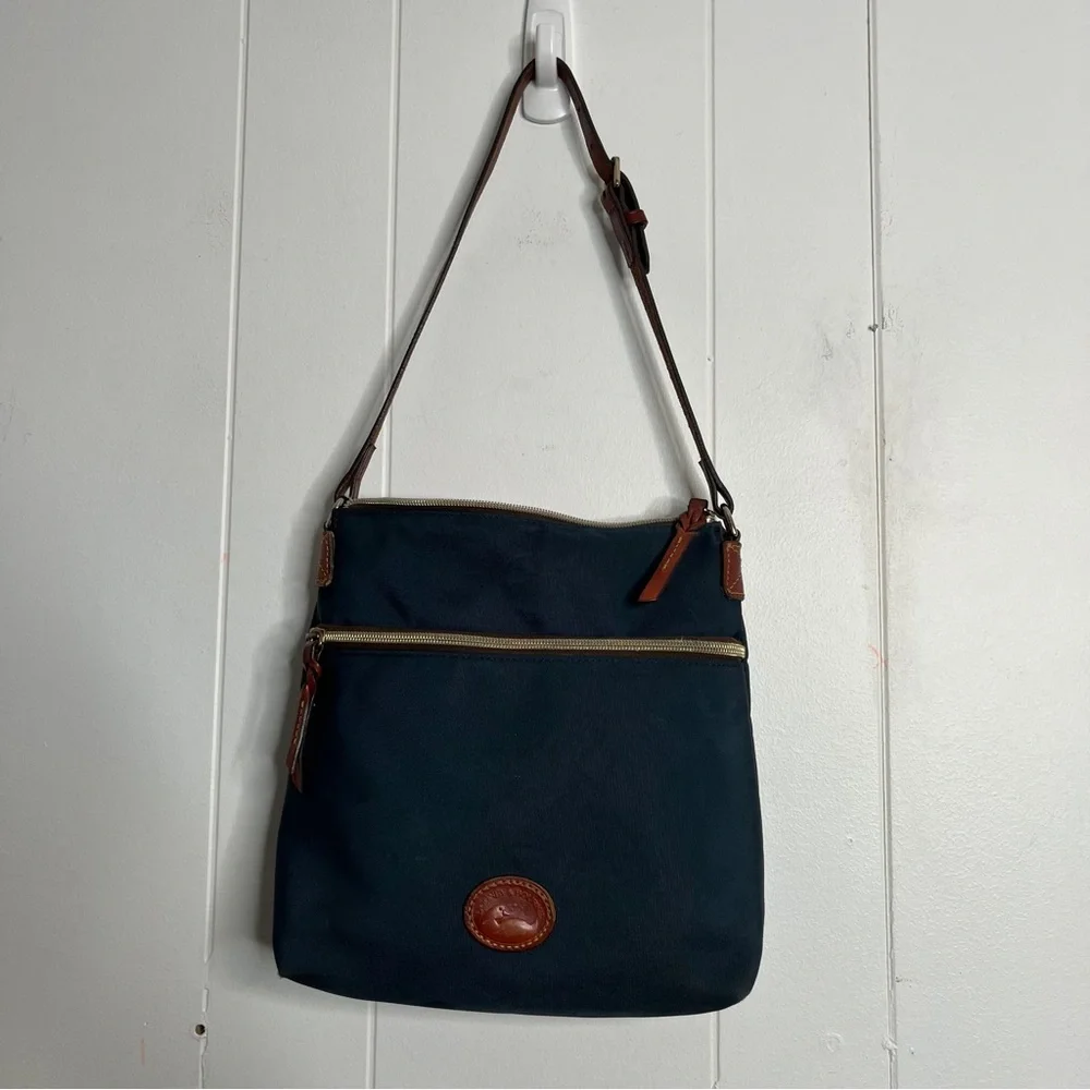 Dooney & Burke Blue Nylon Crossbody Bag with Brown Leather Details Zip Closure